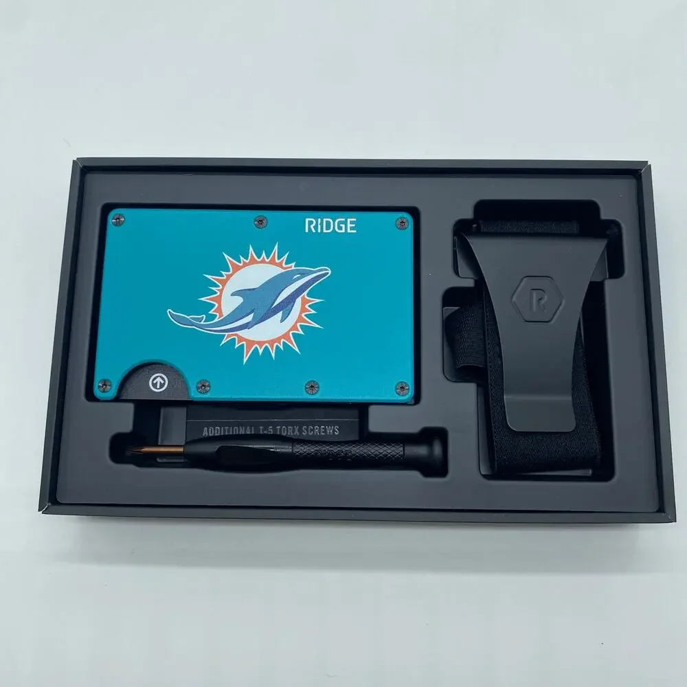 NWT Ridge NFL Dolphins Slim RFID Blocking Wallet Expand Money Clip Cash Strap